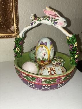 Jim Shore Heartwood Creek Springtime Surprises Folk Art Easter Basket & 5 Eggs